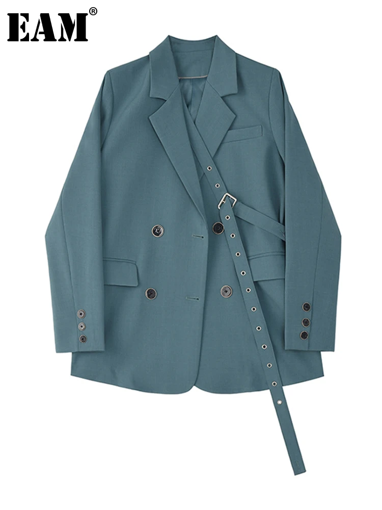 [EAM]  Women Blue Button Ribbon Big Size Blazer New Lapel Long Sleeve Loose Fit  Jacket Fashion Tide Spring Autumn 2023 1Z705