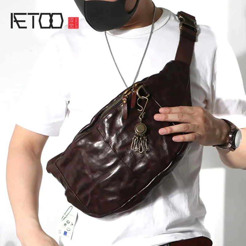 AETOO Handmade head-layered men's chest bag, leather shoulder bag, old pleated men's purse