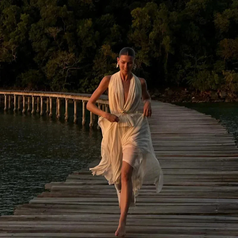 Женские сексуальные марлевые костюмы с лямкой на шее плиссированный укороченный