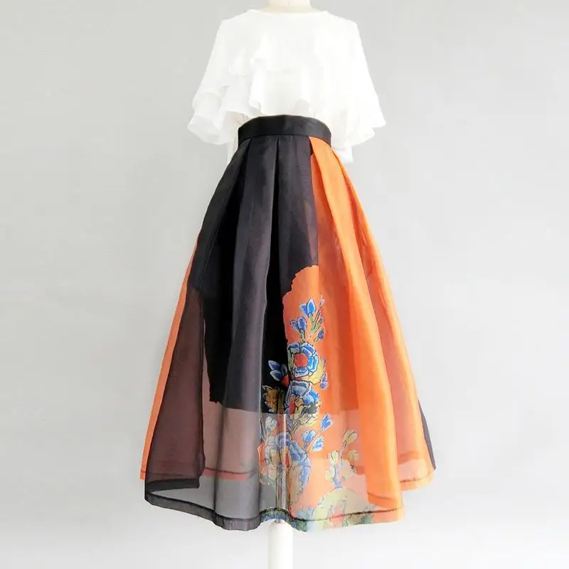 

2023 Woman Skirts High Waist Slim Fit A-line Floral Design Elastic Office Lady Vintage Korean Chic Temperament Skirt S49