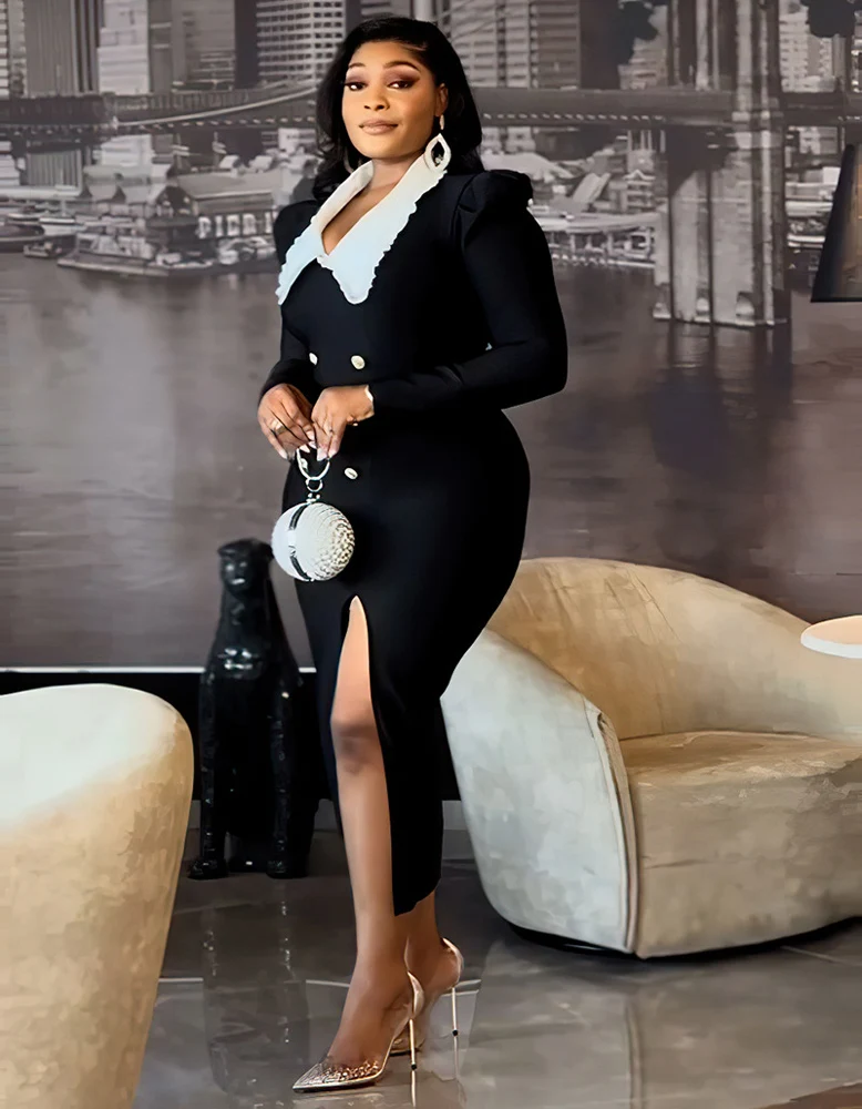 Африканские платья для женщин элегантный кукольный воротник двубортное платье