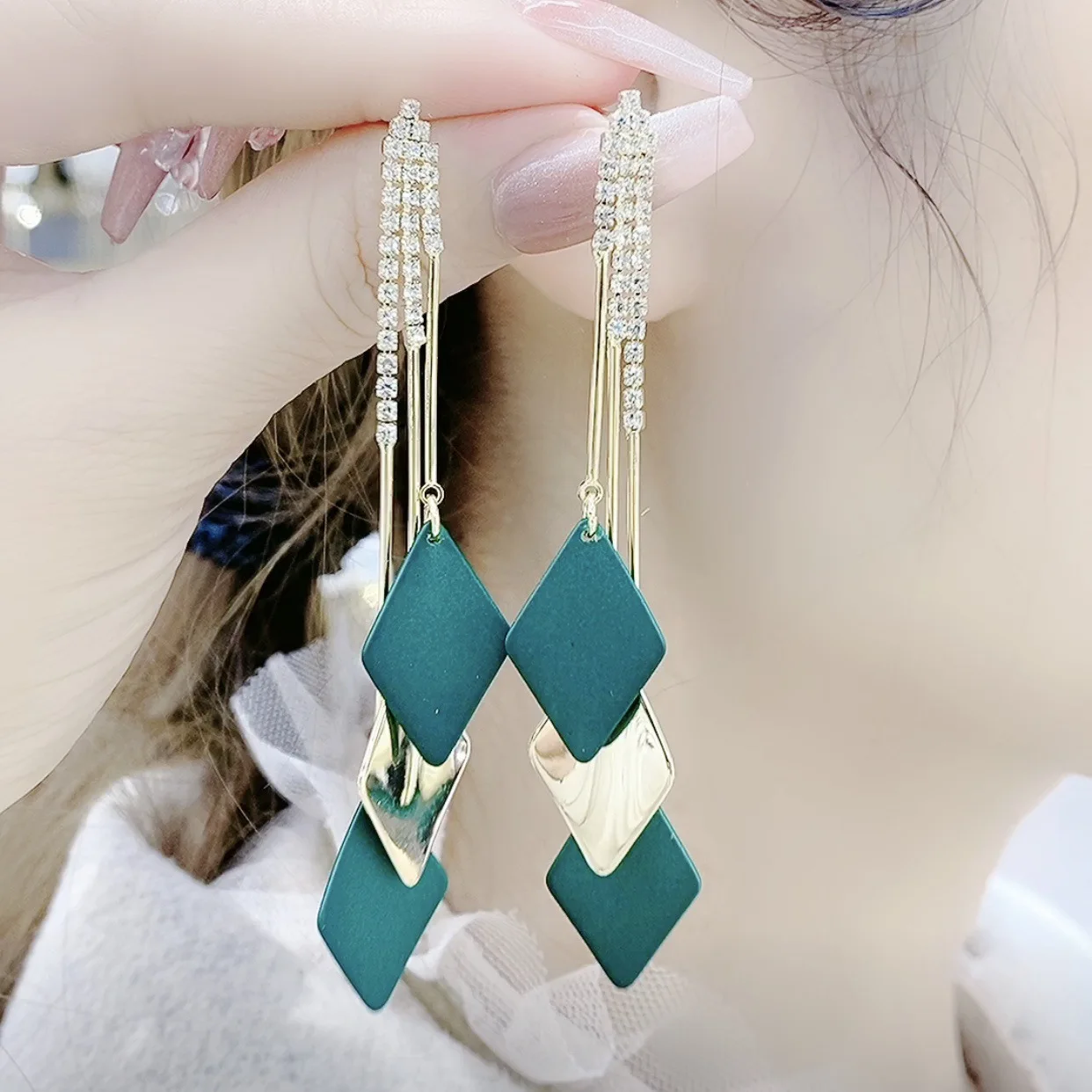 

925 Silver Needle Live Korean Version Long Temperament Geometric Square Earrings Diamond-shaped Tassel Diamond Earrings Earrings