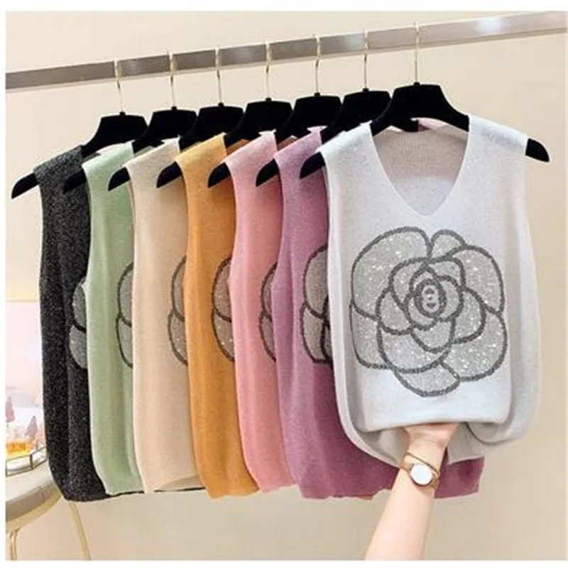 

Hot Drilling Ice Silk Camisole for Women's Summer New Knitting Bright Silk Backing Loose Cami Casual Cute Tops Women