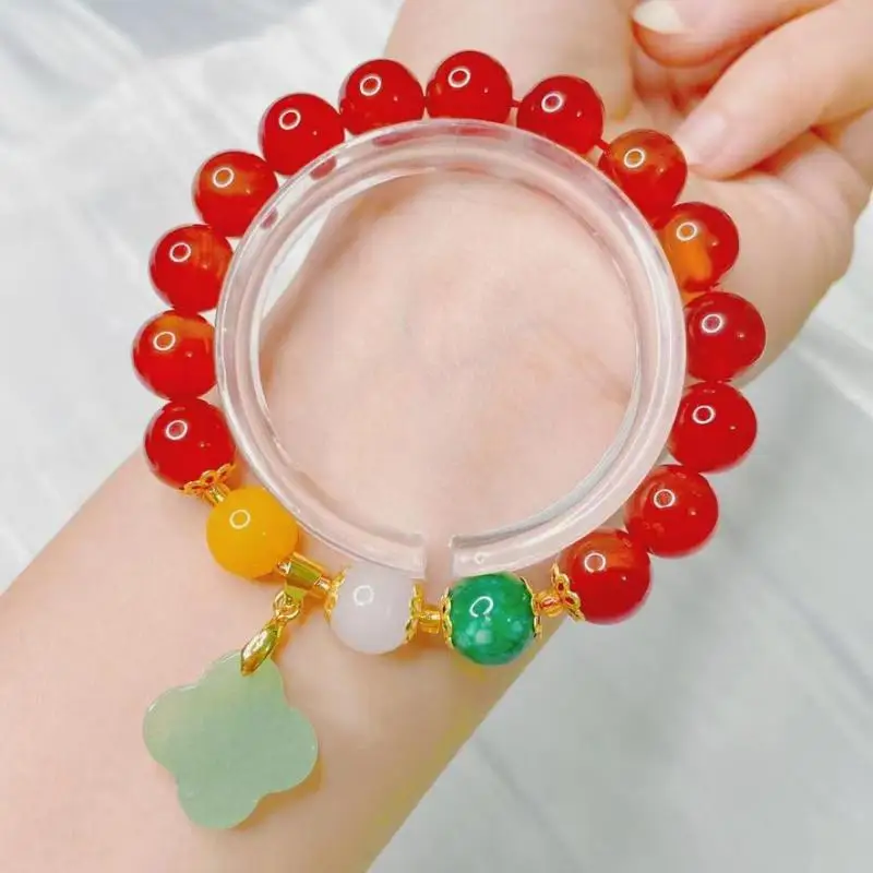

10mm Natural Red Jade Bracelet With White Yellow Green Jades Stone Beads Hetian Nephrite Four Leaf Clover Charms Bracelets Women