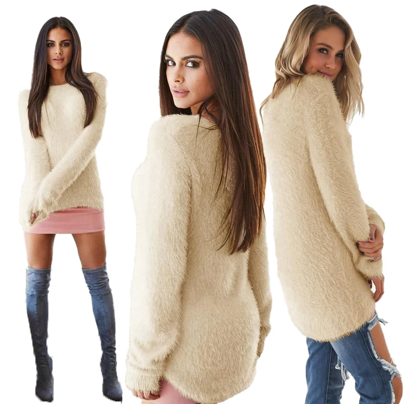 Женский вязаный однотонный пуловер с длинным рукавом и круглым вырезом