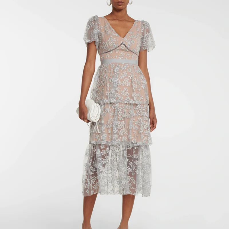 

Luxury Flower Sequin Puff Sleeved Midi Dress 2022 Summer Women bithday Party Dress Sexy Deep V neck Tunic Mesh Cake Long Dress