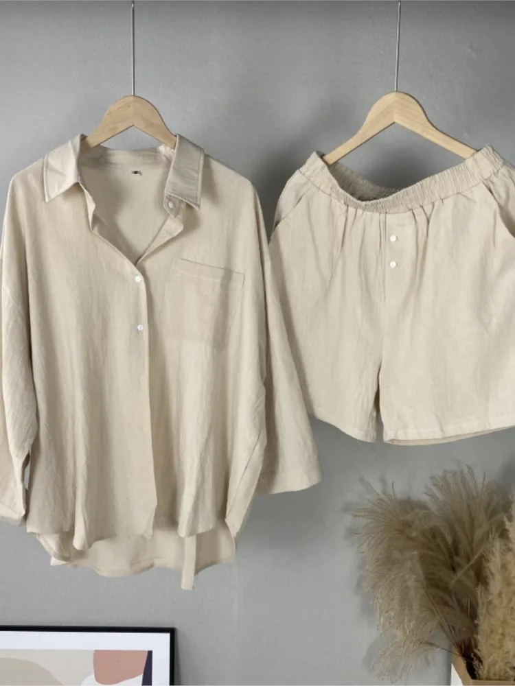 Модная рубашка с длинным рукавом и шорты комплекты из двух предметов 2024 женский