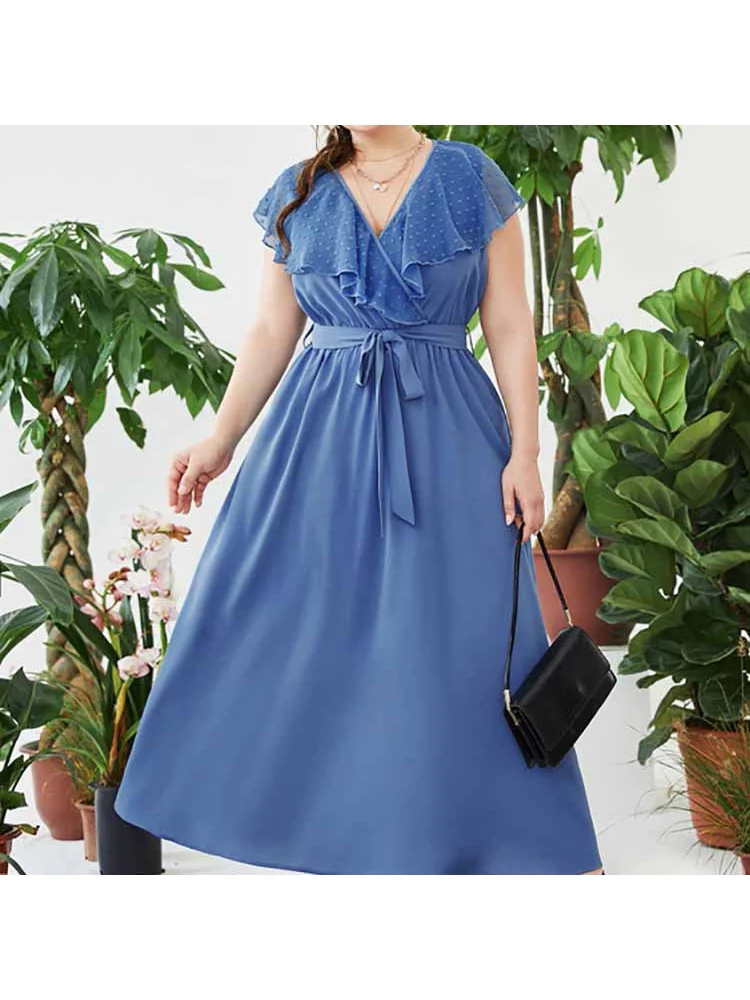 Plus-size maxi skirt tummy cover V-neck elasticated waist print dress panels plus size women clothing