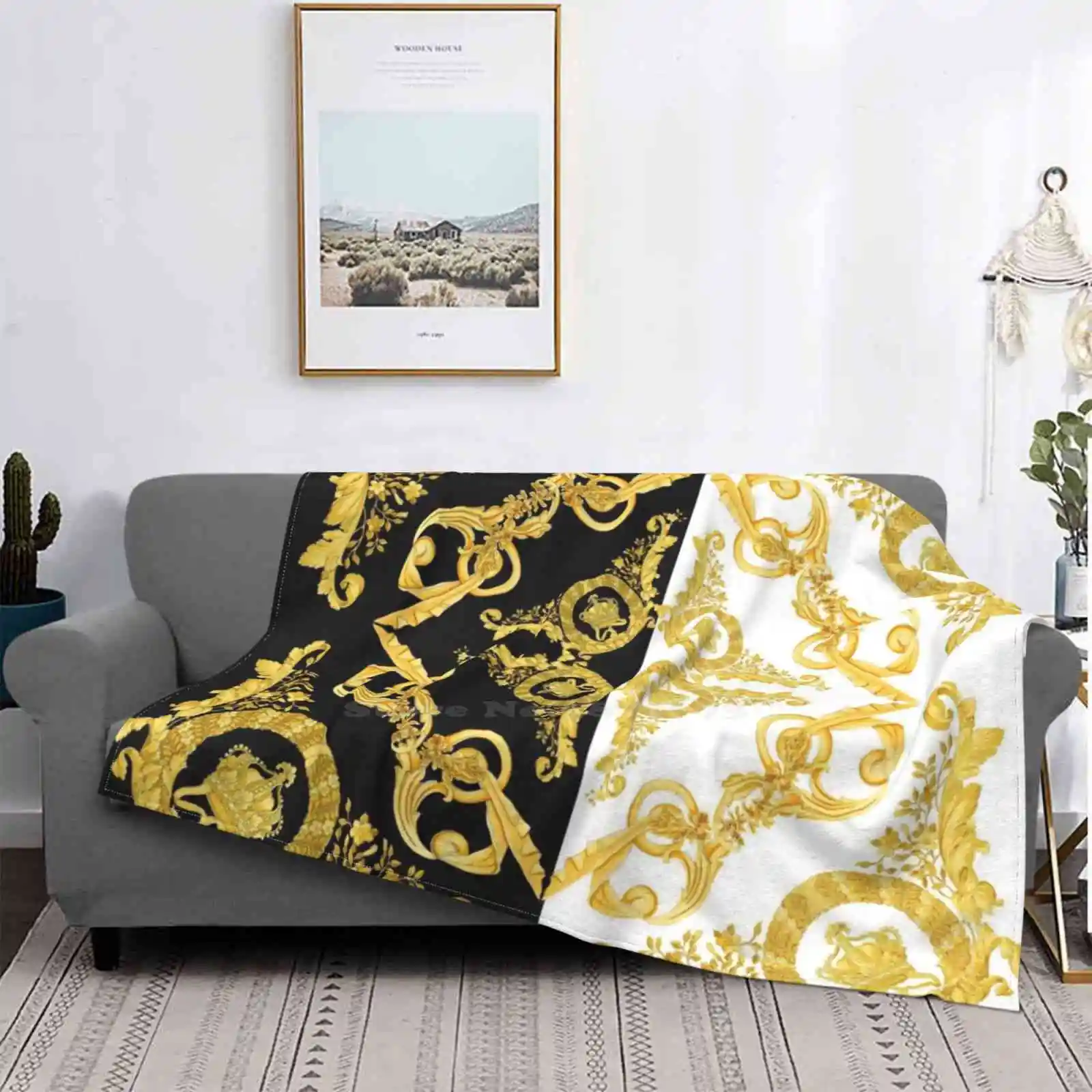

Pattern Throw Blanket Creative Design Light Thin Soft Flannel Blanket Gold Floral Black Luxury Yellow Fashion Gifts