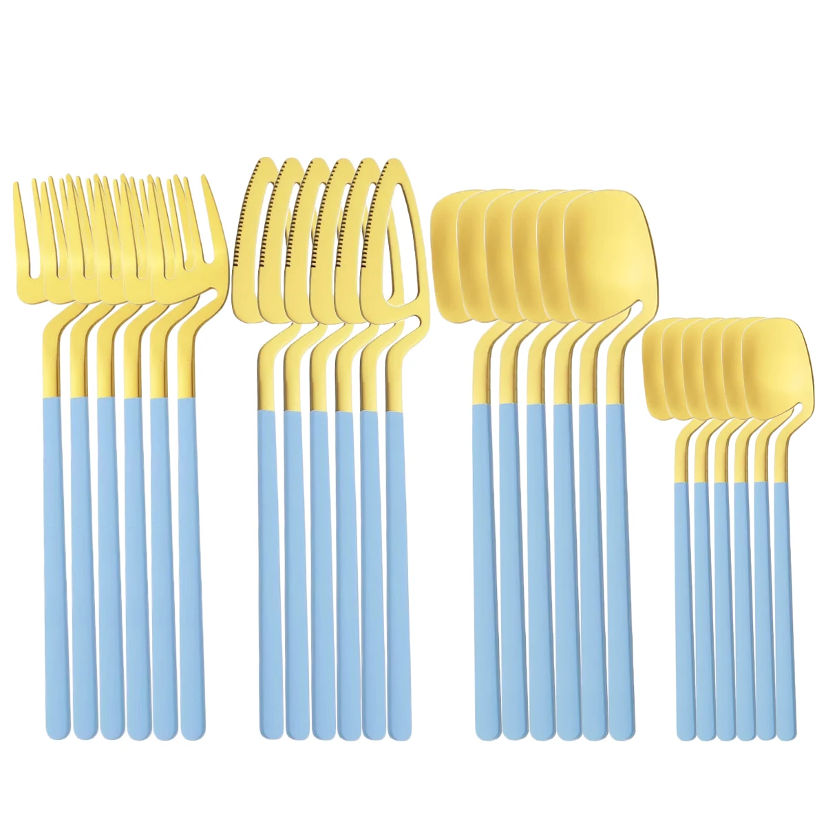 AJYOUS 24Pcs Blue Gold Dinnerware Set Stainless Steel Knife Fork Spoon Cutlery Flatware Set Matte Kitchen Western Silverware
