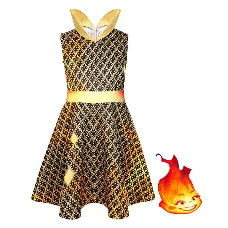 

Wade Ember Cosplay Boys Girls Costume Movie Cartoon Elemental Kids Roleplay Gold Print Skirt Yellow Stripe Suit Halloween Party