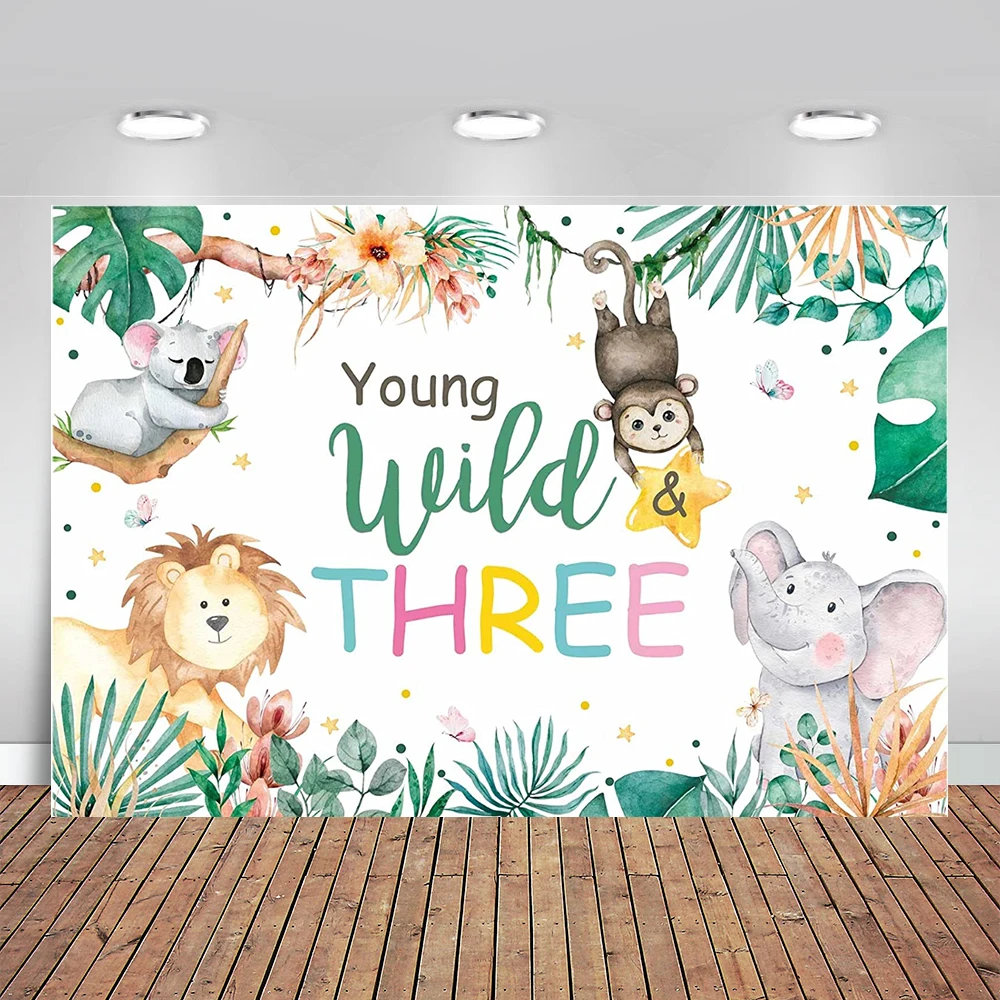 

Young Wild and Three Backdrop Safari Theme Party 3rd Birthday Banner Decorations Photography Background Props Cake Table Decor