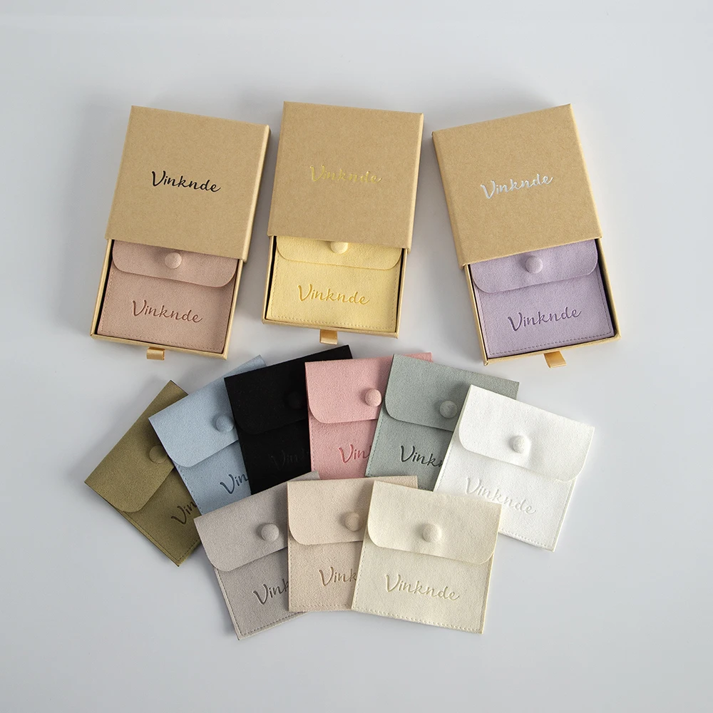 9x9x1.7cm Cardboard Boxes Custom Logo Product Package Boxes Case Pouches Bag Drawer Jewelry Packaging Gift Box Suede Button Bags