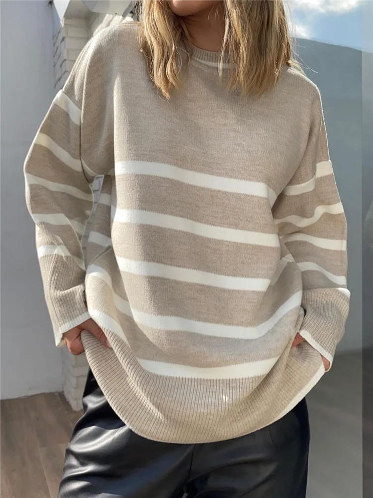

Autumn Winter Oversize Vintage Striped Women's Sweater 2023 New O-Neck Long Sleeve Casual Loose Knitwear Sweaters Female