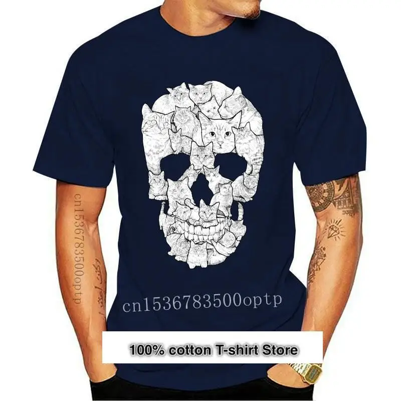 

Nueva calavera de gato, ужасная футболка, мужские топы, популярная футболка с круглым вырезом, хлопчатобумажная футболка