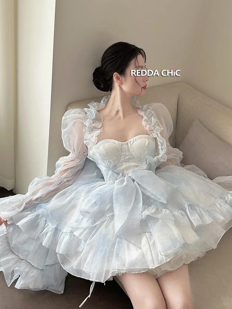 Фото IMU Lolita Princess Puffy Mini Dress Trailing Smock Shawl Petticoat Underskirt Organza Tutu Ball Gowns Women 3-piece Set №3