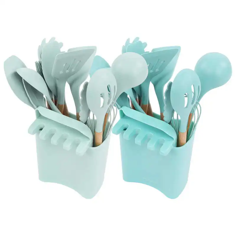 

Spatula Spoon Set Silicone Kitchenware Multipurpose Wooden Handle for Home
