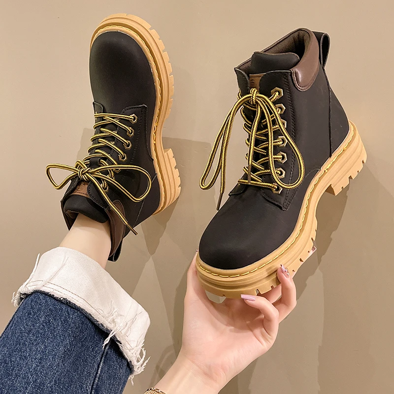 

Heels Leather Ankle Boots Women 2022 New Autumn Round Toe Lace Up Shoes Woman Brown Thick Platform Short Boots Women Boots
