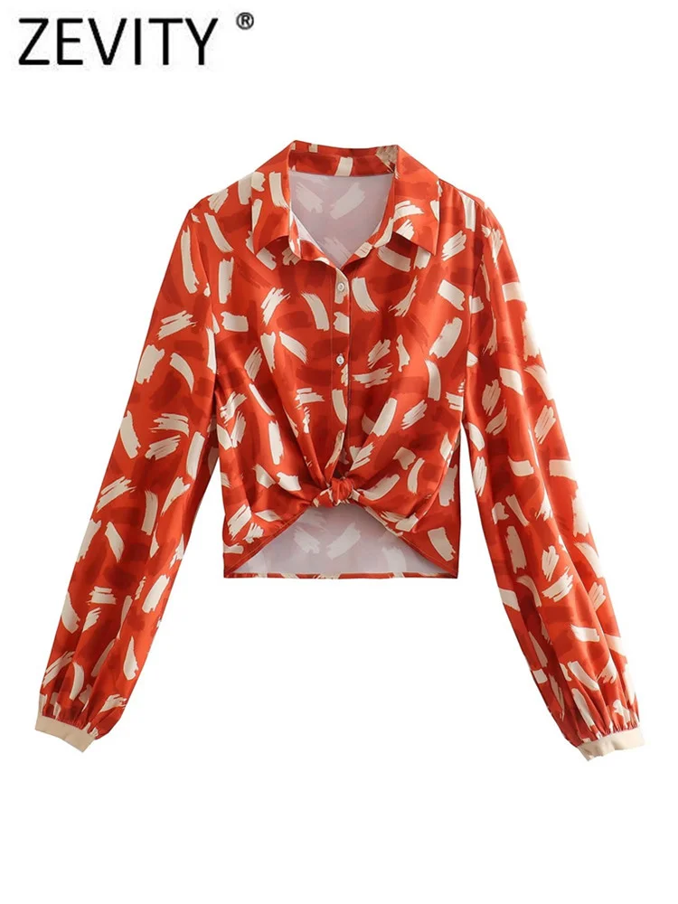 

Zevity Women Fashion Graffiti Print Twist Knotted Short Blouse Office Lady Long Sleeve Slim Shirt Chic Chemise Blusa Tops LS1902