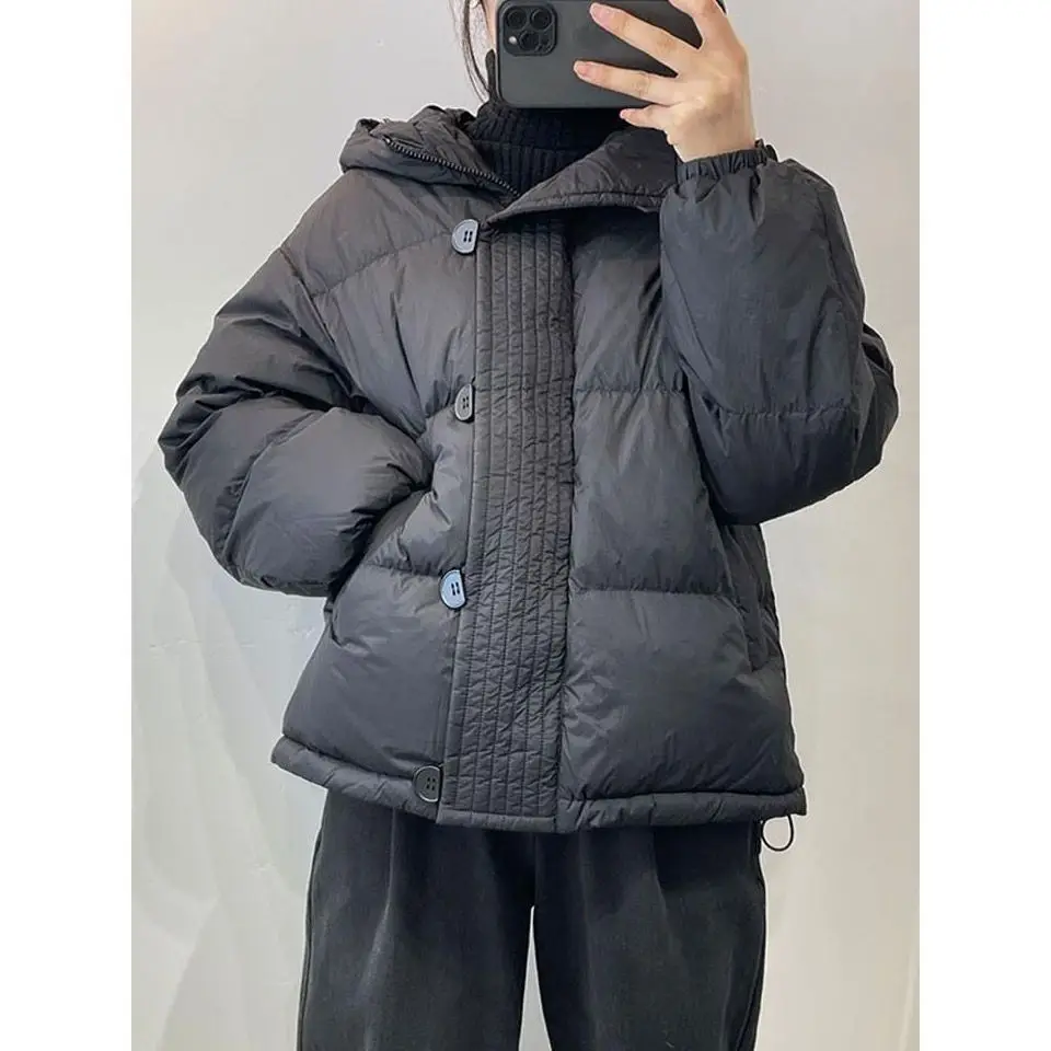 2023 New Down Jacket Women's New Style White Duck Down Hooded Korean Version Loose Buttons Zipper Warm Coat Ladies Tops M53