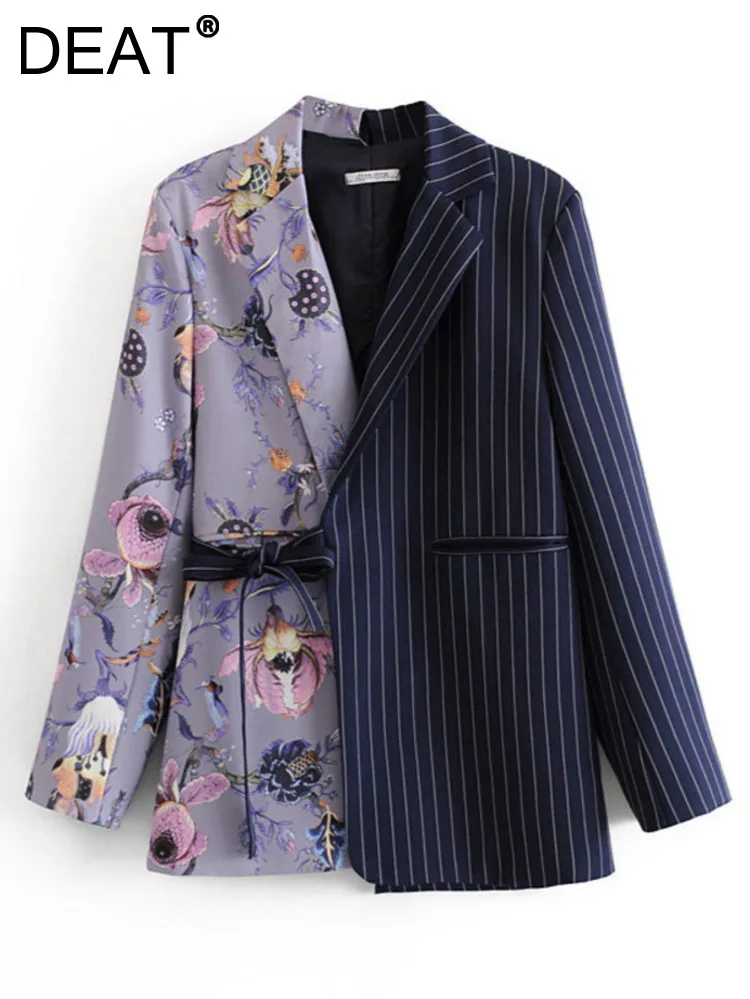 

[DEAT] Women Patchwork Printed Striped Blazer New Lapel Long Sleeve Bandage Loose Fit Jacket Fashion Tide Spring 2023