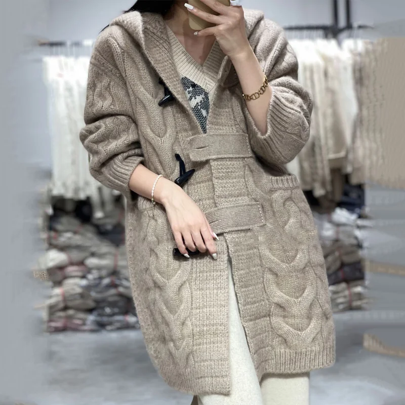 Женский кашемировый свитер с воротником-капюшоном теплый длинный вязаный