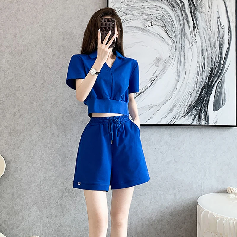 

Sports Leisure Suits Women Summer 2022 New Fashionable Foreign Temperament Shorts Two Piece Set Tide Blue Red