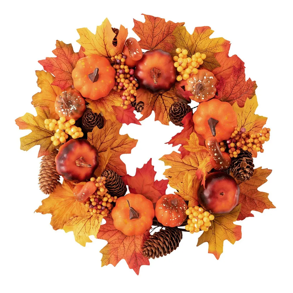 

40cm Artificial Autumn Wreath Decoration Maple Pine Cone Pumpkin Door Wreath Halloween Thanksgiving Garland Christmas Decor