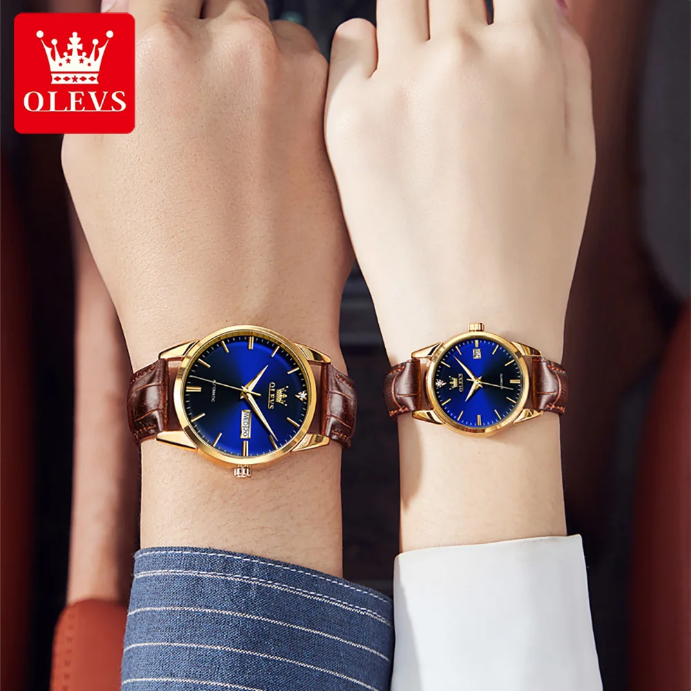OLEVS 6629 Waterproof Fashion Watches for Couple Automatic Mechanical Genuine Leather Strap Full-automatic Couple  Wristwatch