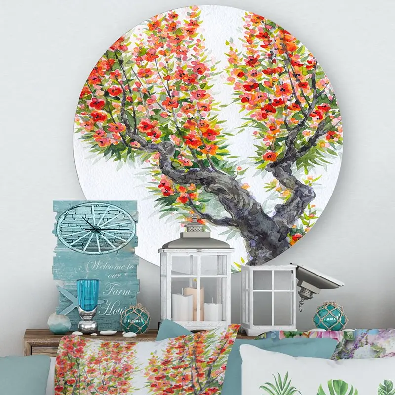 

'Blooming Flowers Of An Old Tree In Spring II' Traditional Circle Metal Wall Art 11x11 - Disc of 11