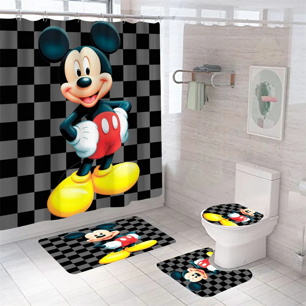 

Disney Cartoon Mickey Minnie Mouse Bath Curtain Hooks Shower Bathroom Toilet Mat Lid Rug Curtain Sets 180x180cm 4Pcs