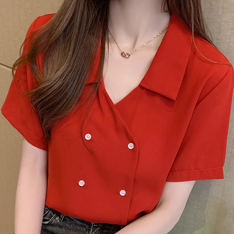 Блузка женская шифоновая с коротким рукавом и V-образным вырезом |