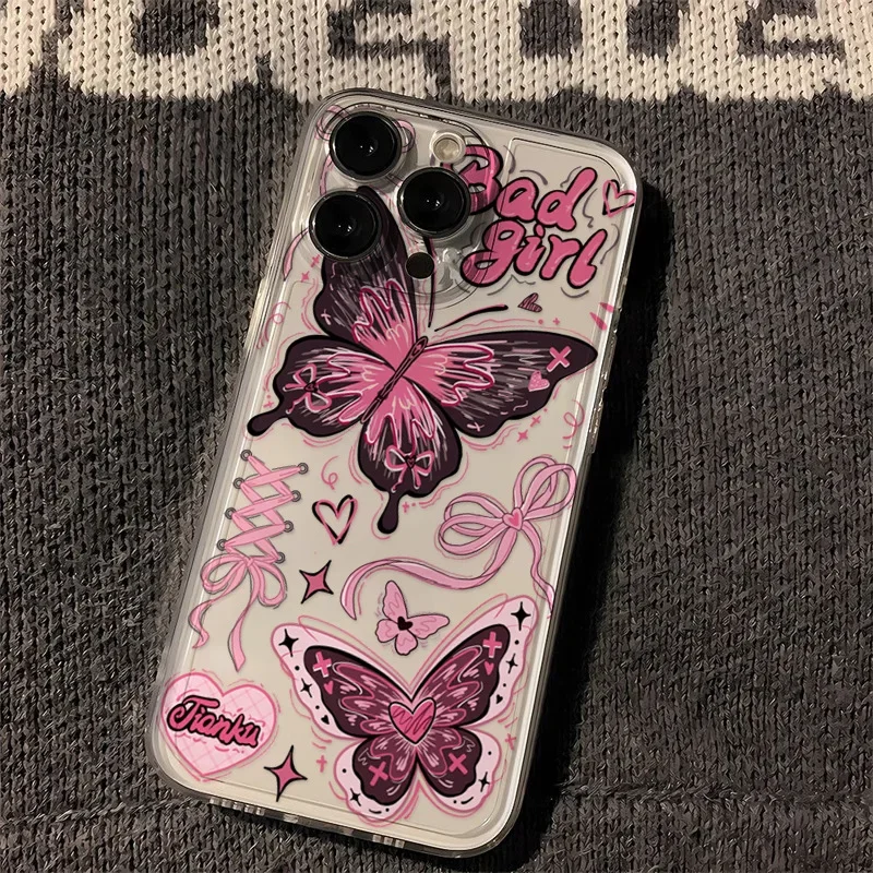 Прозрачный чехол для телефона с рисунком розовой бабочки iPhone 15 14 12 11 13 16 Pro Max Mini X XR