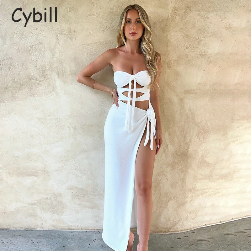 

Cybill 2023 летнее облегающее женское платье с открытой спиной и открытыми плечами, обтягивающее белое привлекательное Клубное платье средней длины с вырезами