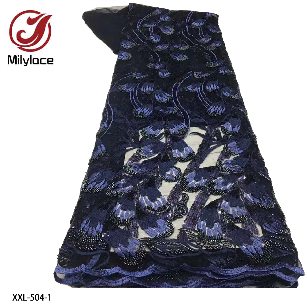 

Luxury Beaded Lace Sequins African Lace Fabric 2021 High Quality Nigerian Embroidery Lace Fabric for Sewing Dress XXL-504