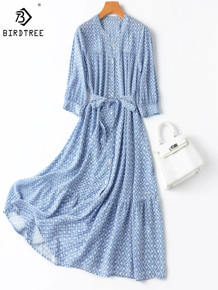 Birdtree 100%Real Silk Shirt Dresses Women V Necks Straight Floral Loose 3/4 Sleeve Blue Midi Dress With Belt Summer D36330JM