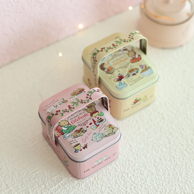 

Portable Tin Box Candy Box Cartoon Rabbit Pattern Good Sealing With Handle Vintage Gift Giving Portable Easter Cookie Gift Tins