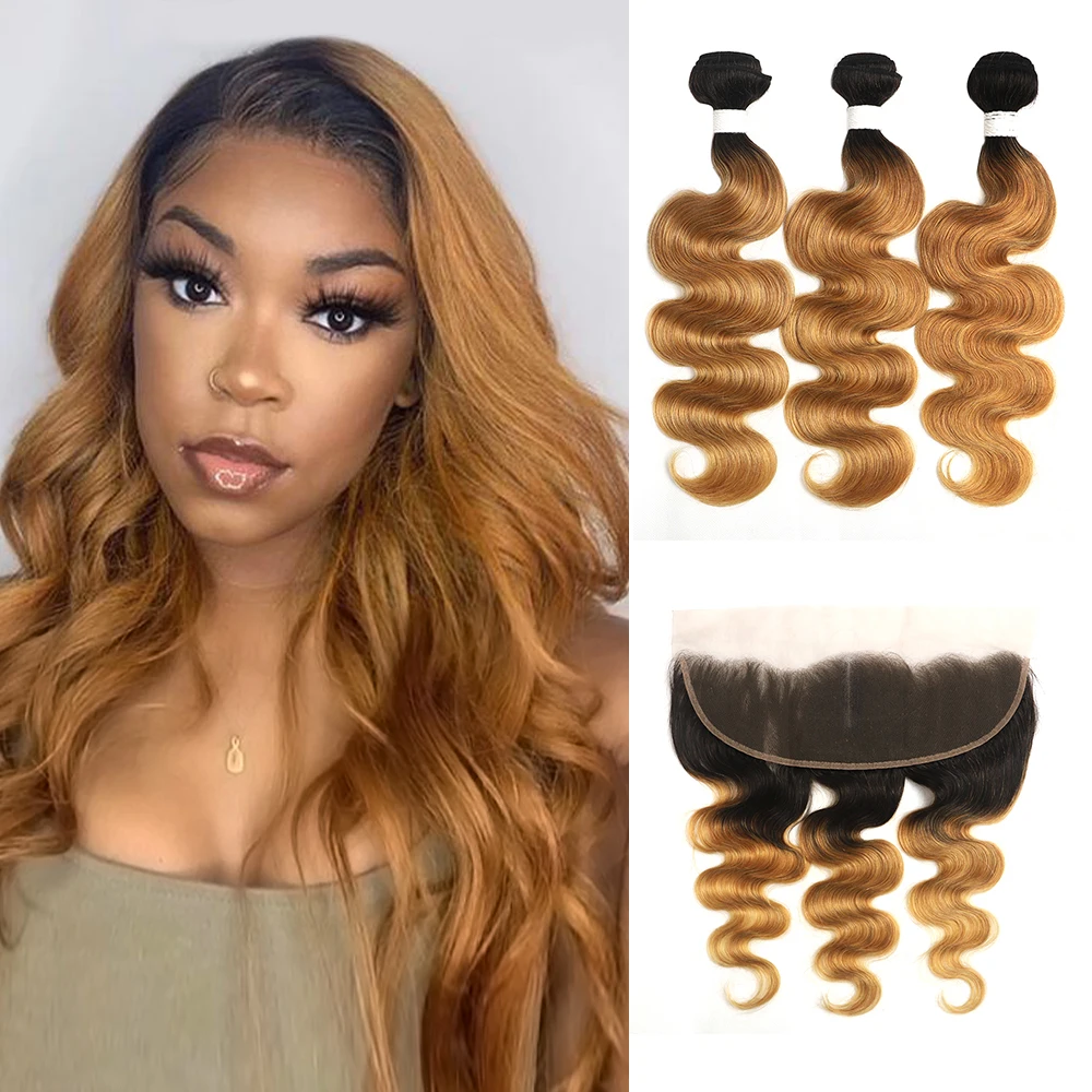 

Ombre Blonde Bundles With Frontal 13x4 SOKU T1B/27 Brazilian Body Wave Human Hair Weave Bundles With Closure Remy Hair Extention