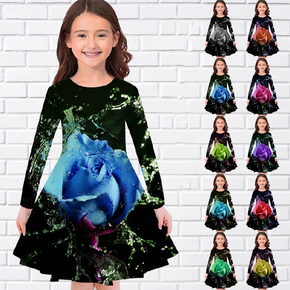 

Детское летнее платье с круглым вырезом, длинным рукавом и принтом роз