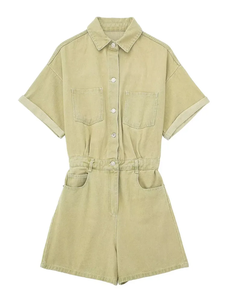 

Женский джинсовый комбинезон на пуговицах, с коротким рукавом