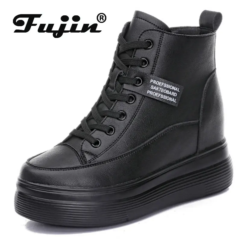 

Fujin 8cm Cow Genuine Lesther Autumn Spring Winter Motorcy Hidden Heels Plush Warm Boots Thick Bottom Chunky Sneaker Wedge Shoes