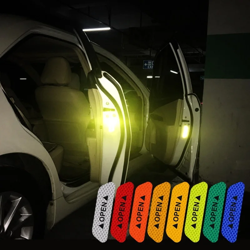 

4PCS/Set Car Door Stickers Universal Tape Safety Warning Mark OPEN High Reflective Tape Auto Driving Safety Reflective Strips