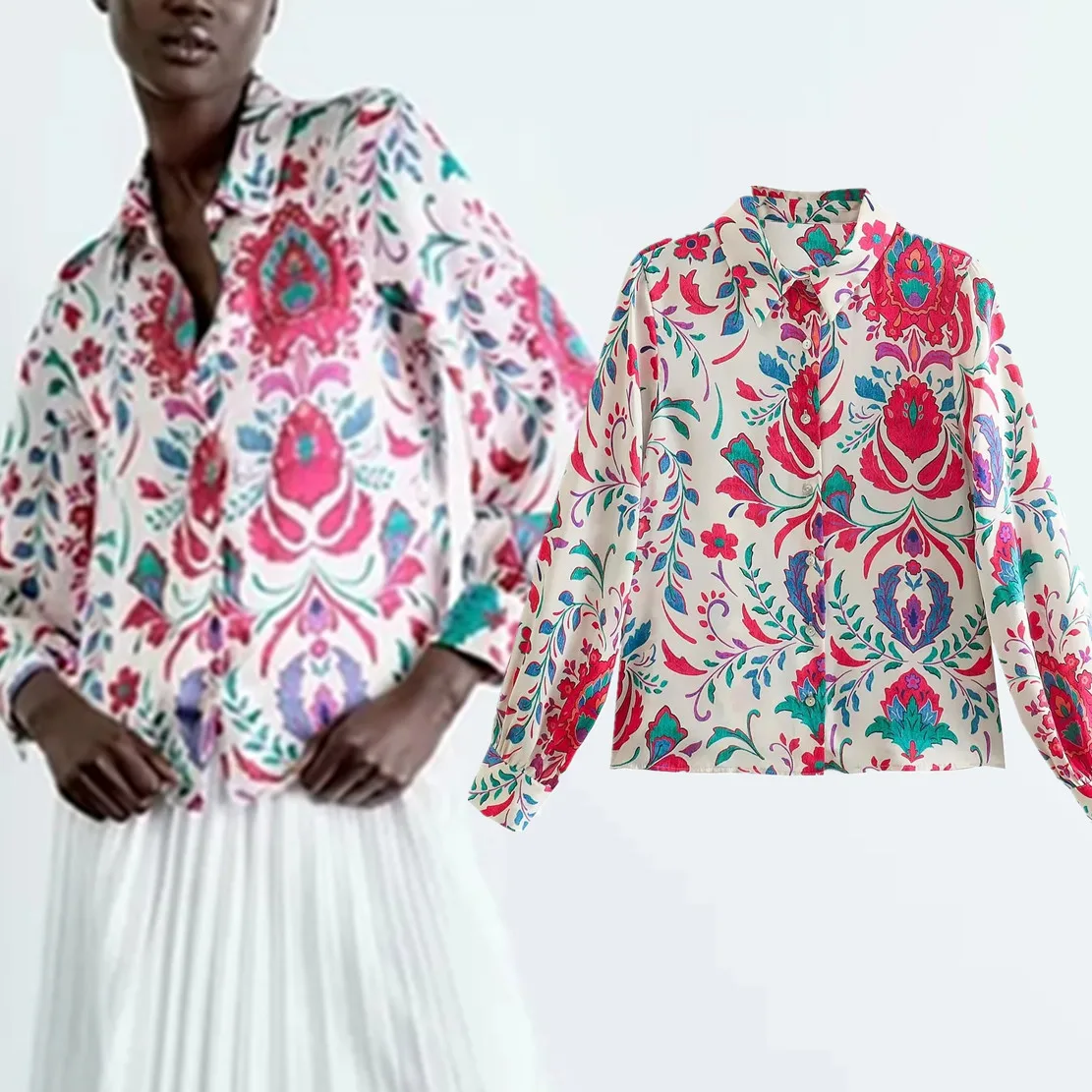 

Maxdutti Satin Casual Shirt Blouse Women England High Street Floral Print Blouse