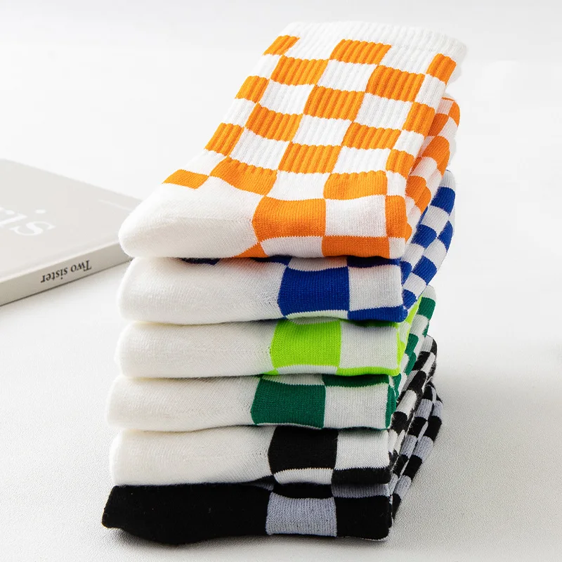 6Pairs Korea Women Trend Checkerboard Socks Geometric Hip Hop Cotton Checkered Socks Unisex Harajuku Streetwear Ankle Socks