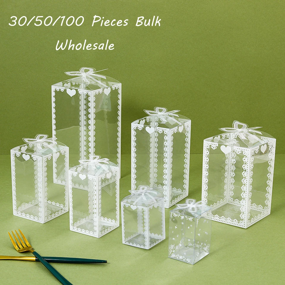 

30/50/100 Pieces PVC Bag Transparent Square Candy Cake Box Bulk Wholesale Wedding Boxes For Guests Party Packaging Boxes