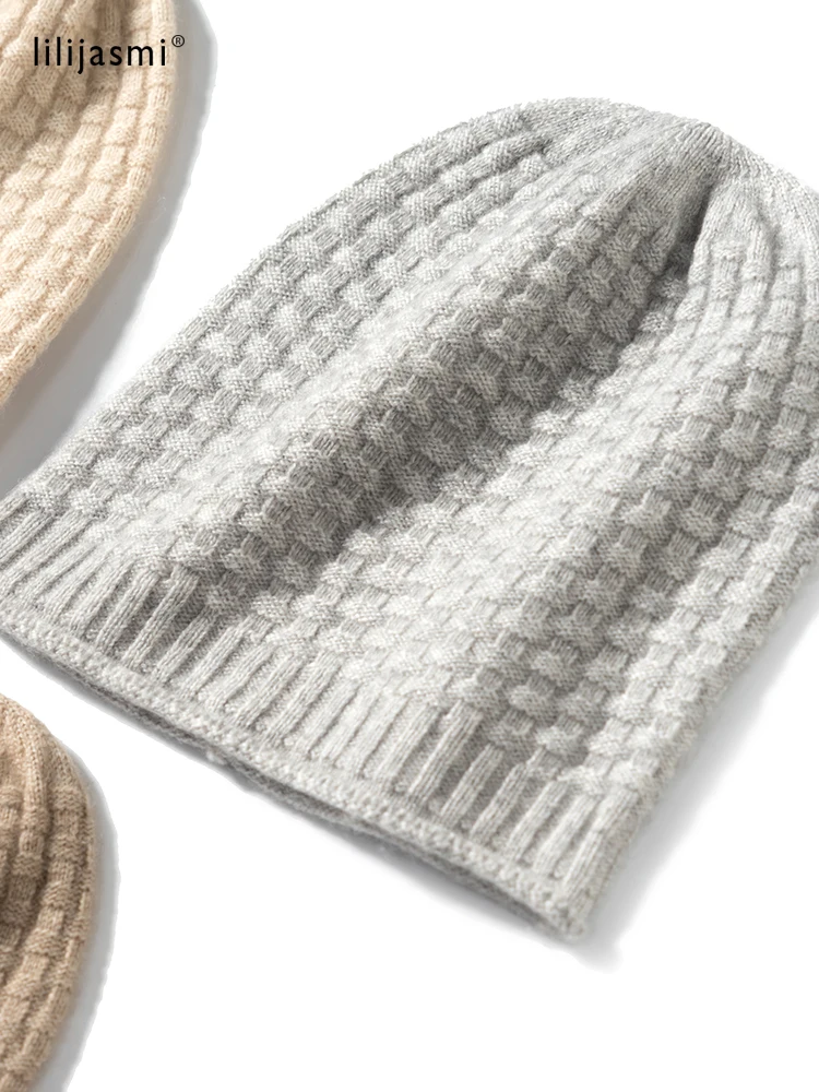 

Women 35% Cashmere Rolled Brim Knit Beanie Caps Seed Needle Casual Hat Blends Wool Winter Autumn Warm Skullies Natural Fabric
