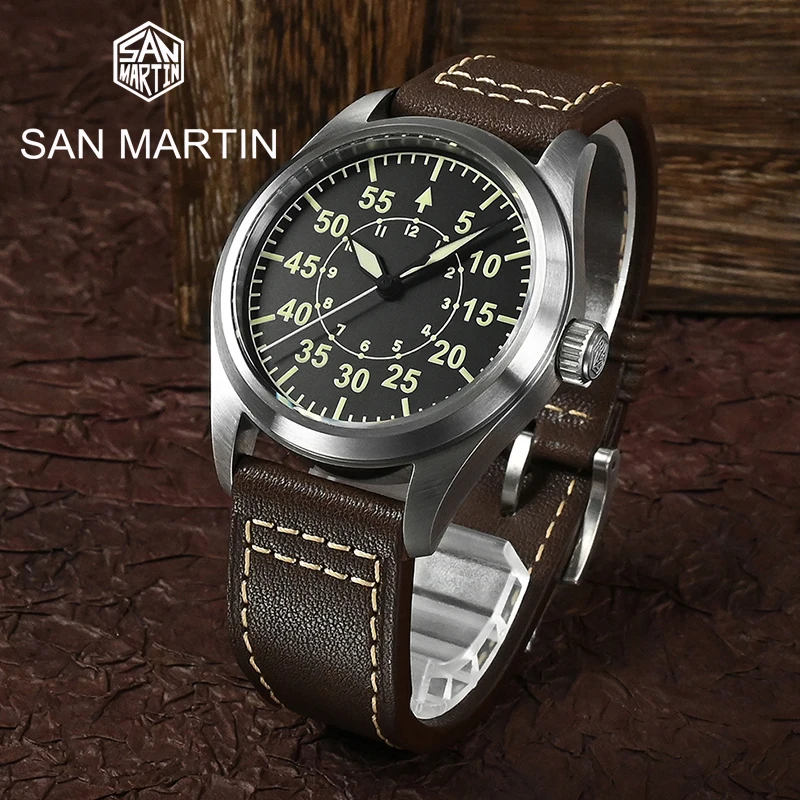 

San Martin Luxury Pilot Mens Watches NH35A Automatic Mechanical Movement Vintage Watch Leather Strap 200m Waterproof C3 Luminous