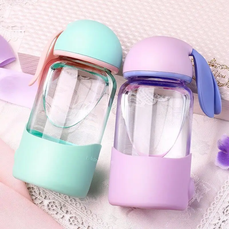 Cute Cartoon Rabbit Glass Water Bottle With Bottle Cover Leak-proof Glass Cup Kids Students Summer Drinking Bottle 340ml
