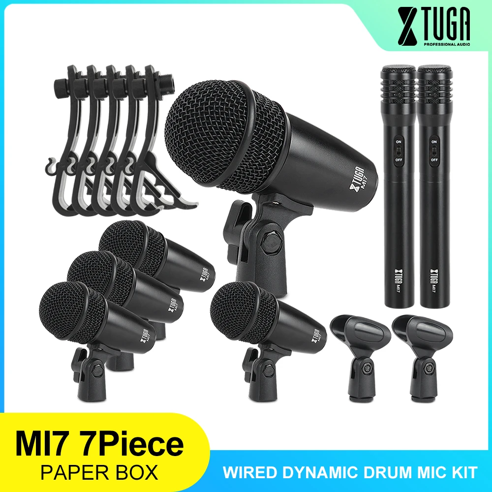 XTUGA MI7CH 7-Piece Wired Dynamic Drum Mic Kit (Whole Metal)- Kick Bass, Tom/Snare & Cymbals Microphone Set - Use For Drums