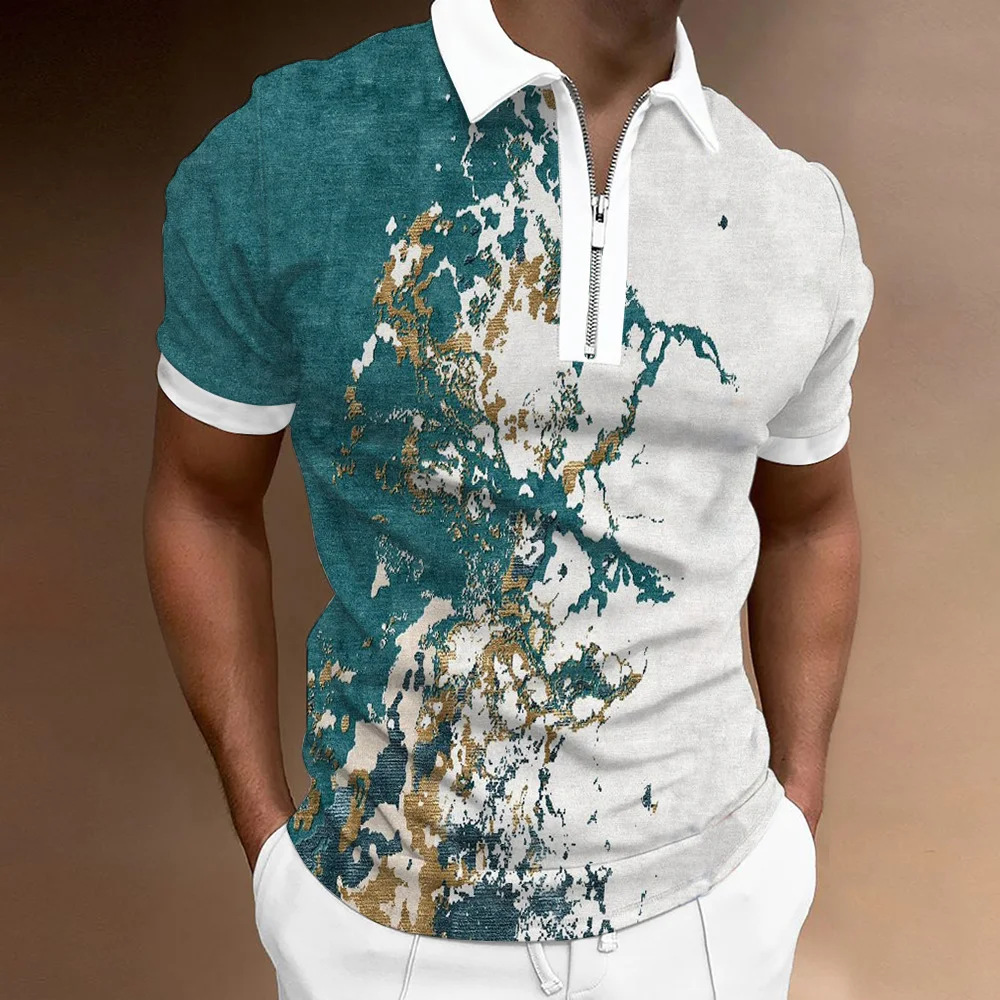 New 3D Yellow stripe printing polo shirt high-quality business people slim-fit color printed classic zipper lapel short sleeve